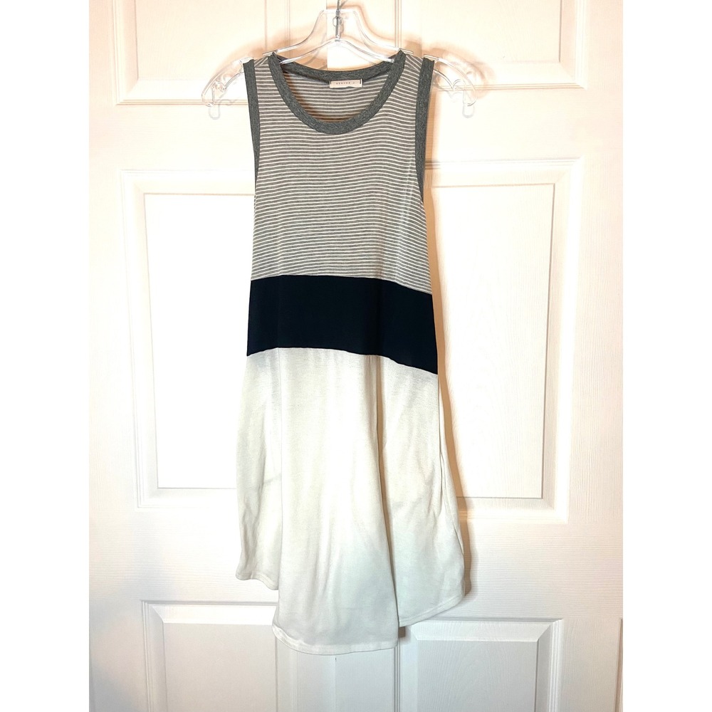 Reborn J Minimalist Medium Colorblock Striped Sleeveless Dress Grey Navy White